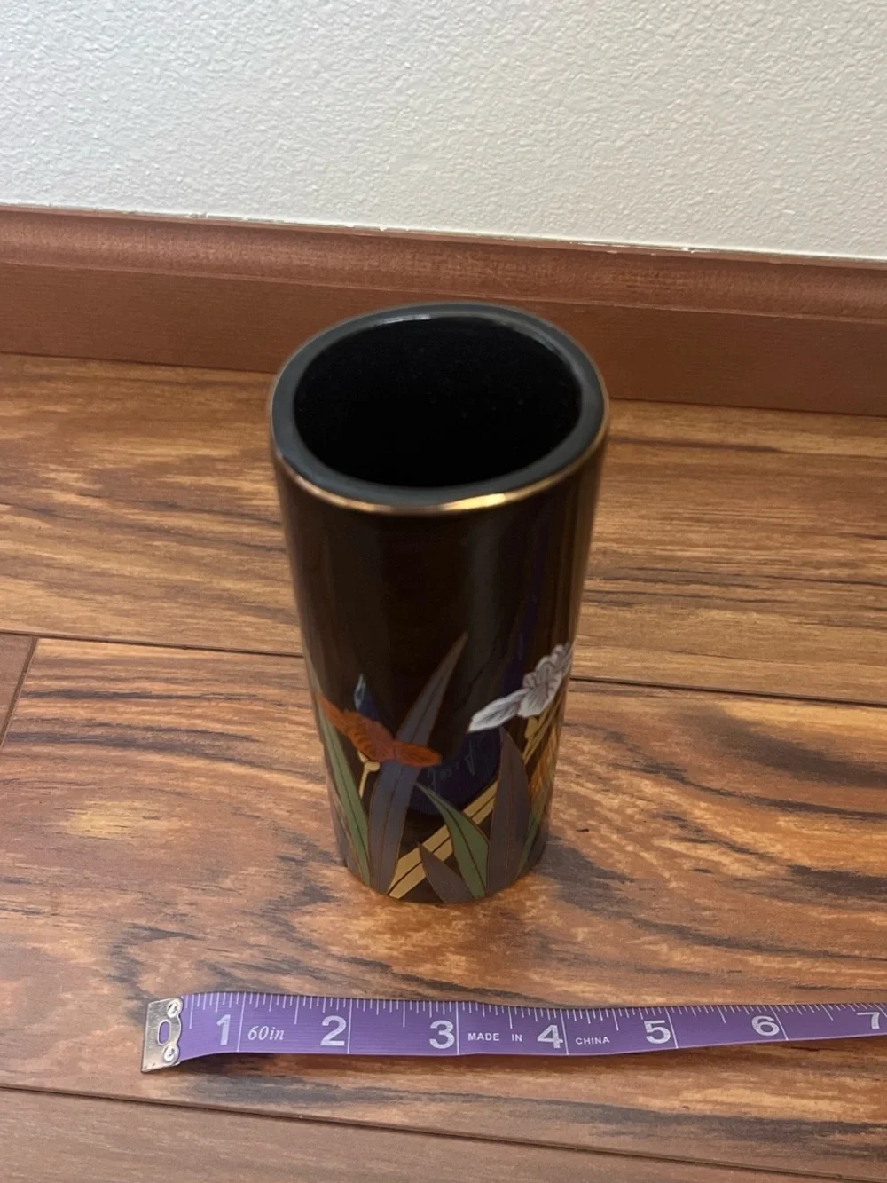 Otagiri Black Cylinder Vase with Orange and White Floral Motif (made in Japan)